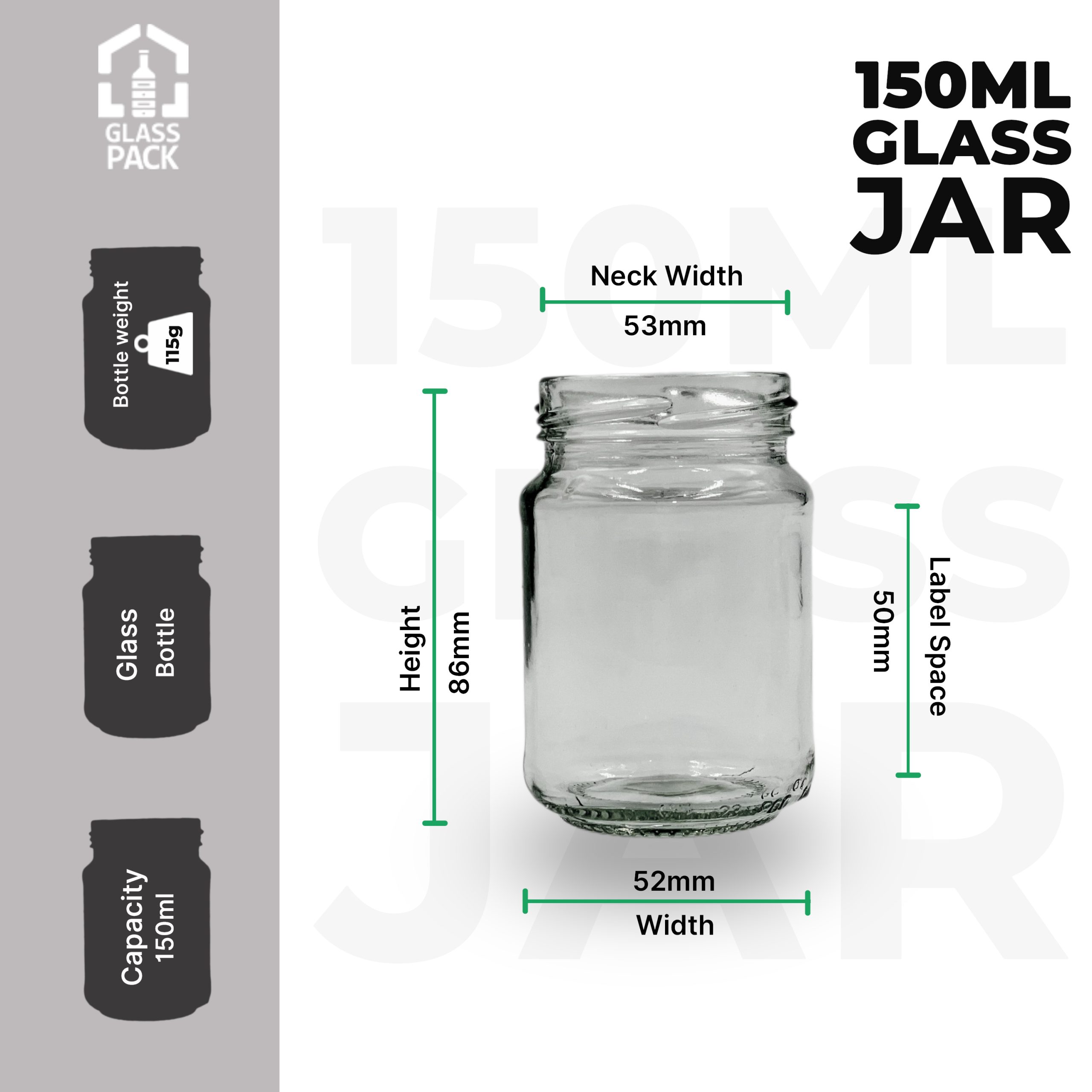 150ml Glass Jar with 53mm Lug Cap - Black - Image 3