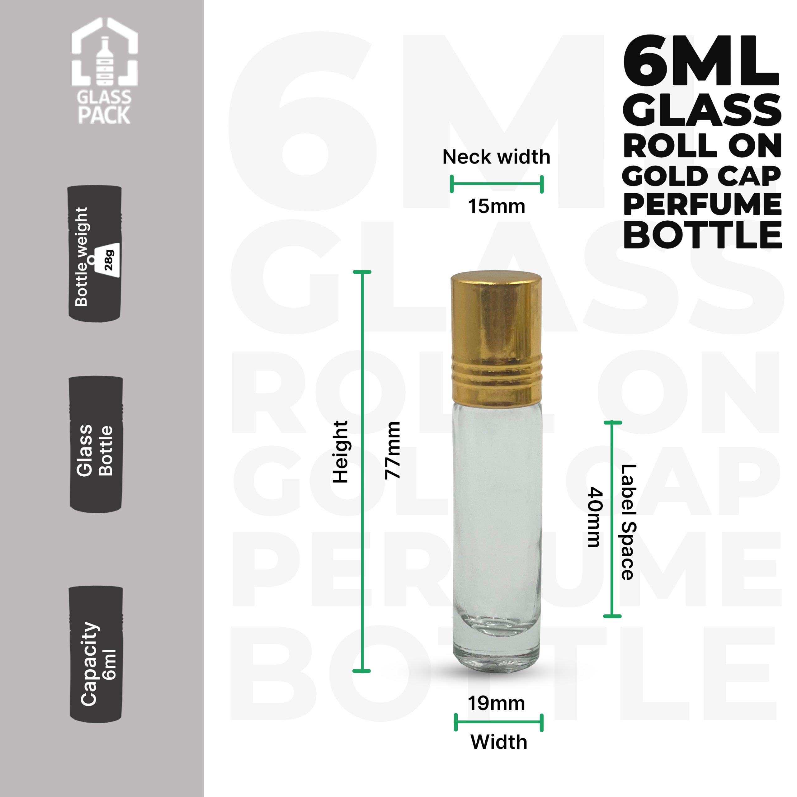 6ml Glass roll on with Gold cap