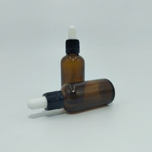 50ml Amber  Dropper Bottle – Flat Black Cap with Seal & White Teet